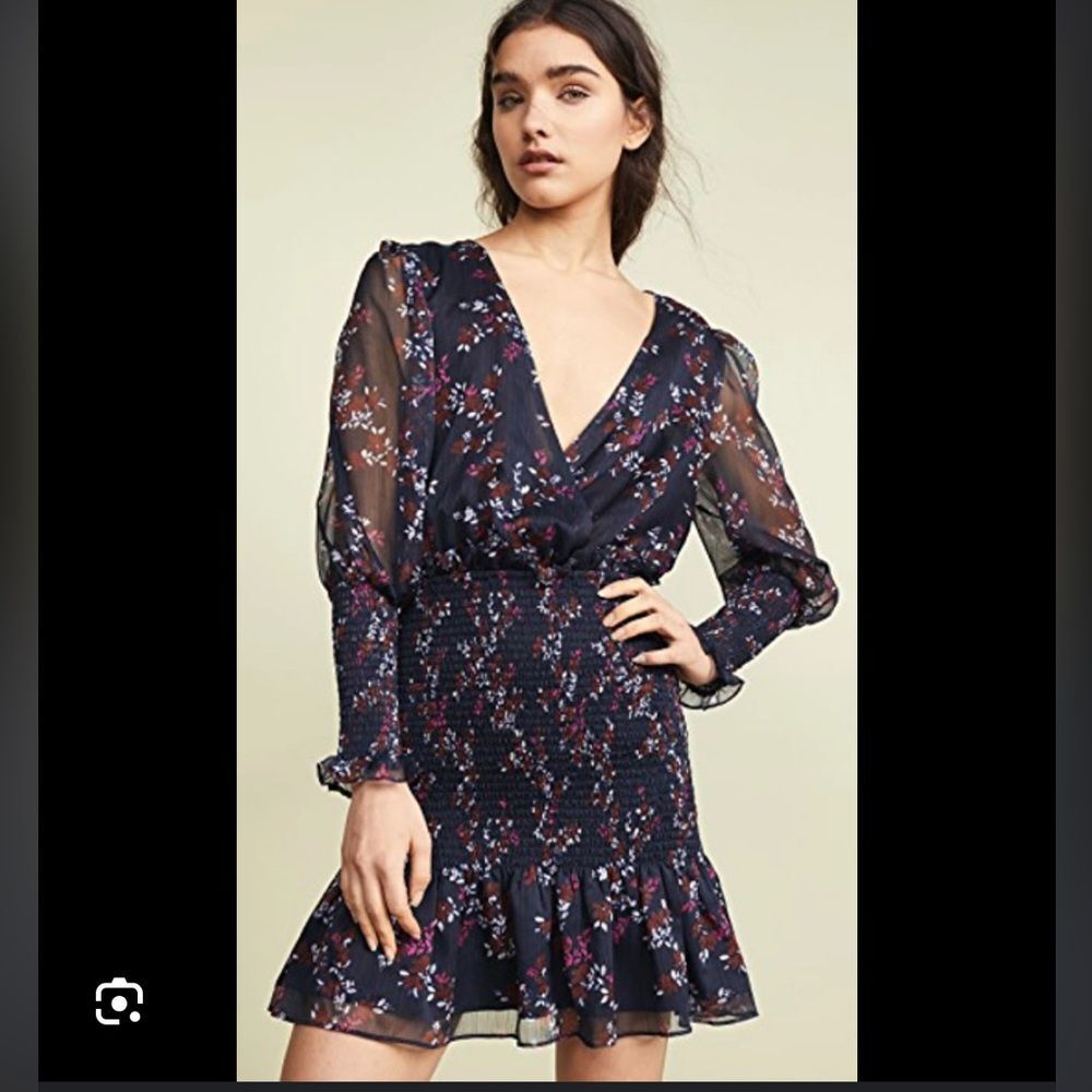 Keepsake Embrace Smocked Longsleeve VNeck Mini Dress Navy Floral Cocktail Sz S - Picture 2 of 12